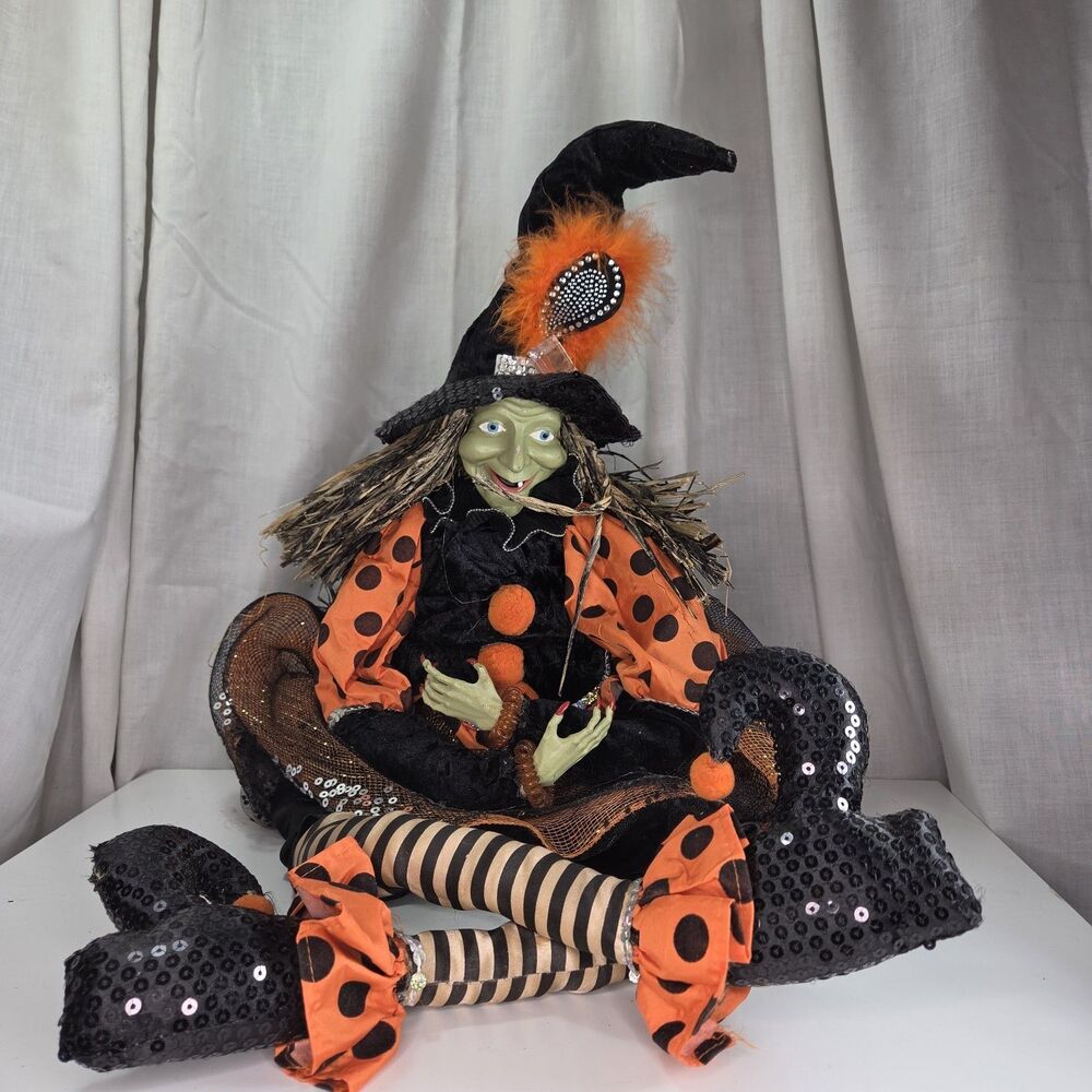Whimsical Halloween Green Faced Witch Doll Decorative Shelf Sitter